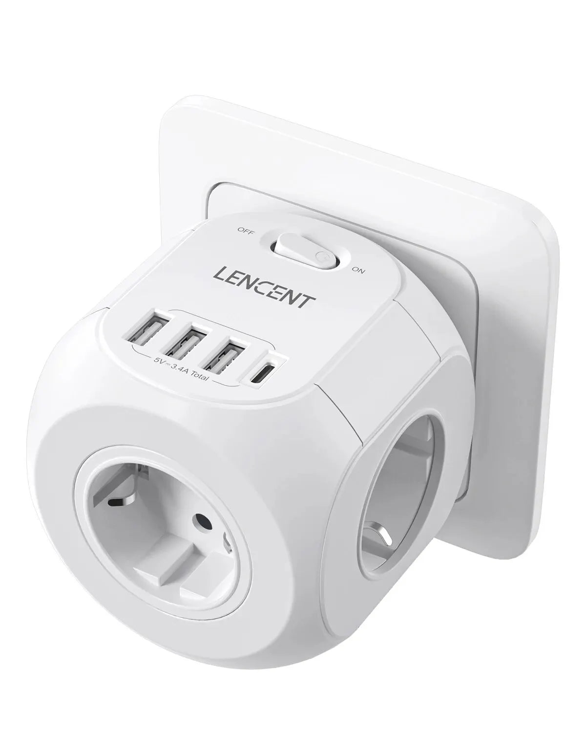 Wall Socket Extender with 3 AC Outlets 3 USB Ports And1 Type C 7-In-1 EU Plug Charger On/Off Switch for Home